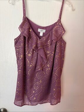 LOFT Plum Ruffle Spaghetti-Strap Camisole with Gold Dot Print